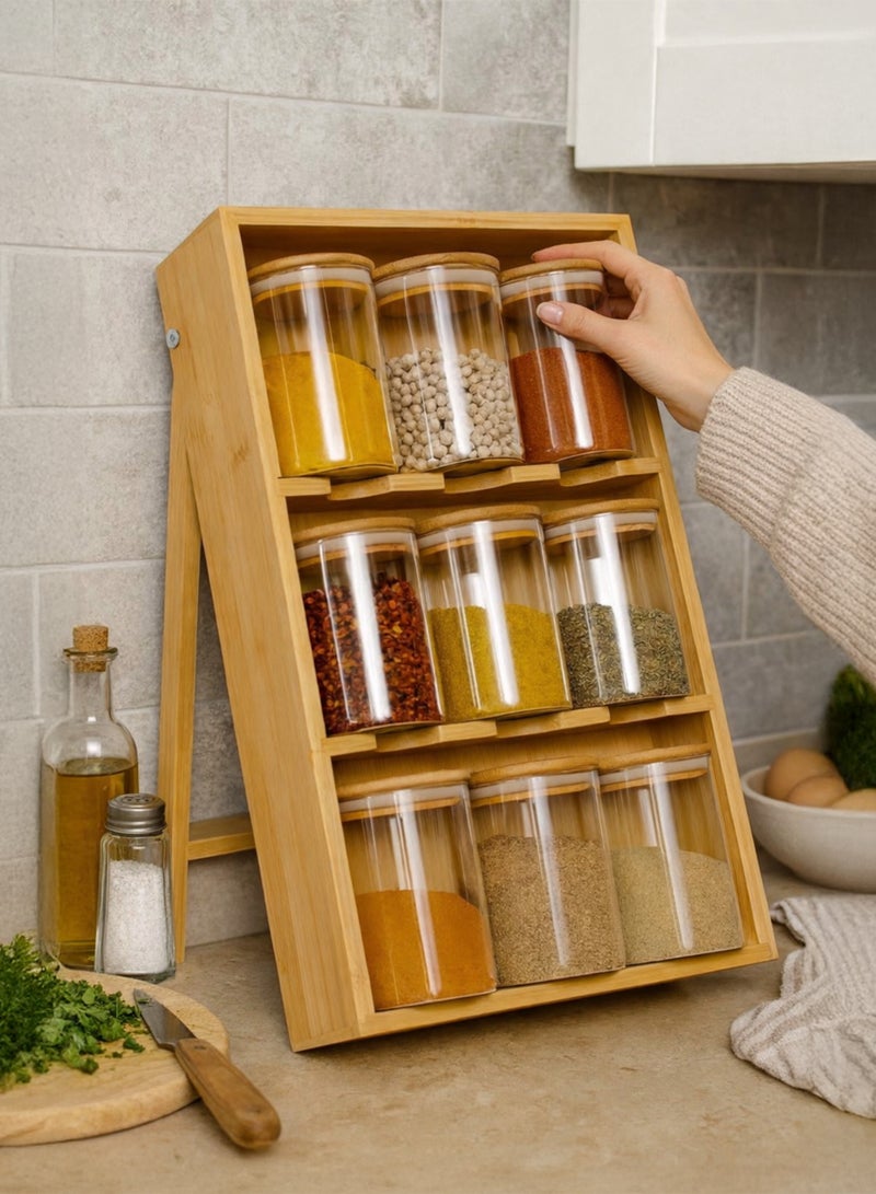 توشيونيكس منظم برطمانات توابل من الخيزران مكون من 9 قطع مع برطمانات زجاجية من البوروسيليكات - رف تخزين مطبخ قابل للطي مع أغطية محكمة الإغلاق للتوابل والأعشاب والبهارات - Image 1